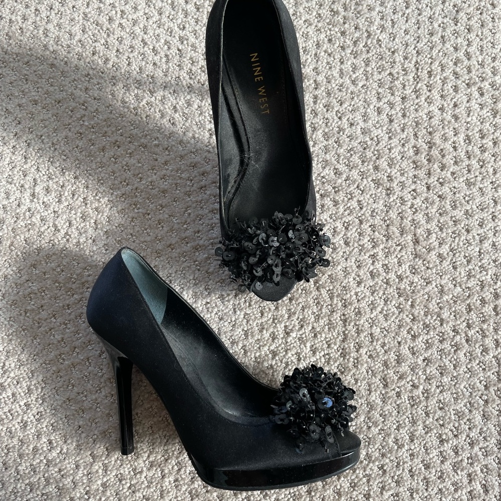 Black Satin Sequin Toe Heels